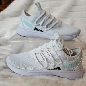 9W. Puma Women's White Athletic Shoes With Teal Accents